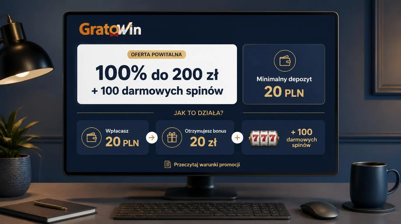 Panel bonusu powitalnego z ofertą 100% do 200 zł, 100 darmowymi spinami i minimalnym depozytem 20 PLN
