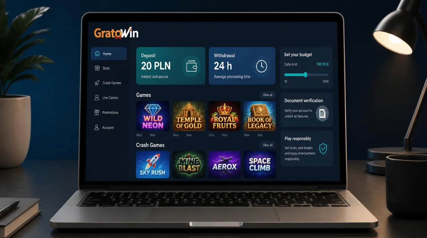 Panel kasyna z depozytem 20 PLN, zegarem 24 godzin i kafelkami gier na ekranie laptopa
