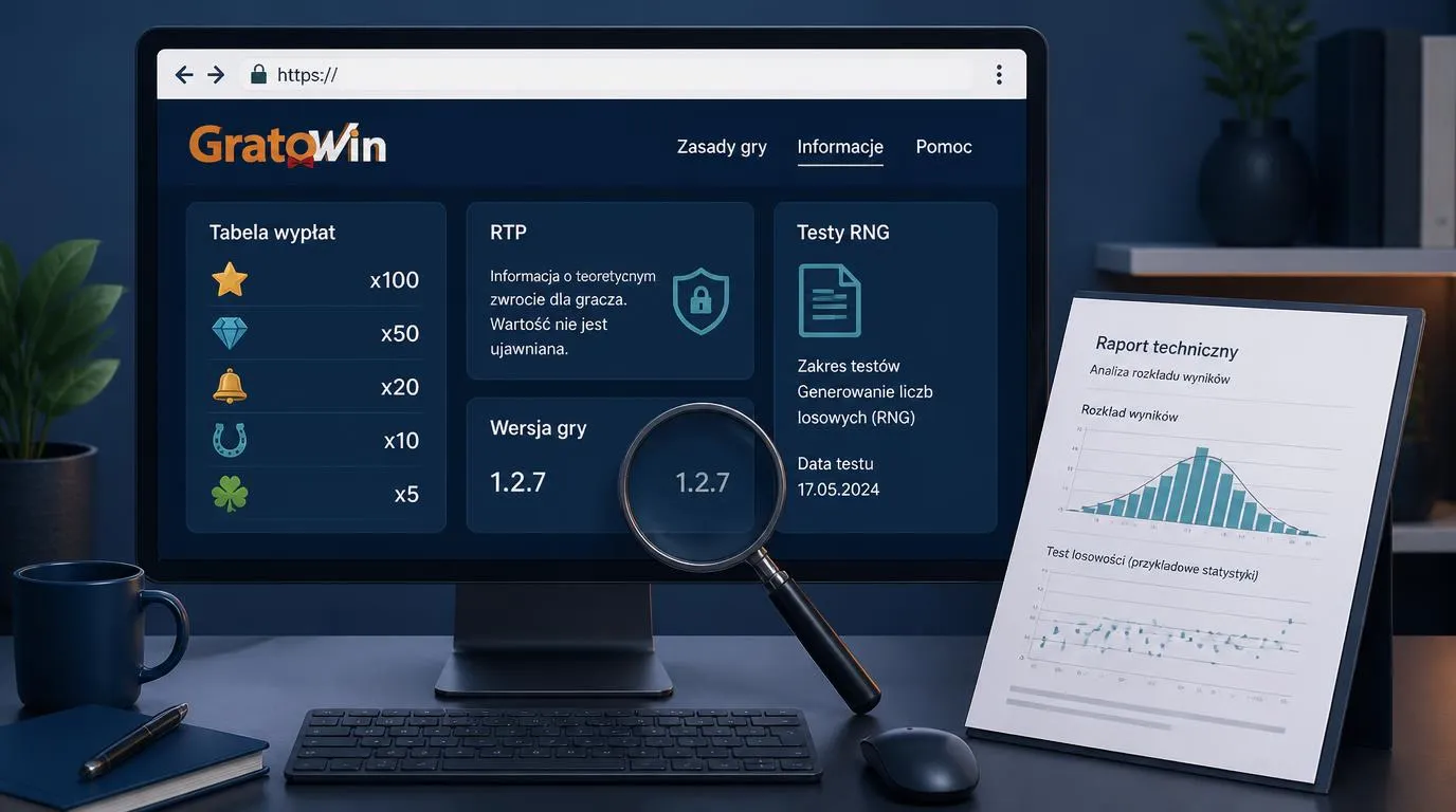Ekran informacji o grze kasynowej z parametrem RTP, tabelą wypłat i dokumentacją testów RNG